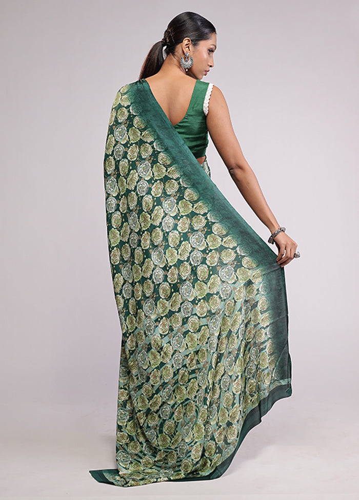 Green Printed Silk Saree Without Blouse Piece