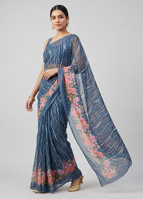 Blue Chiffon Silk Saree With Blouse Piece