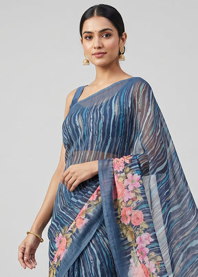 Blue Chiffon Silk Saree With Blouse Piece