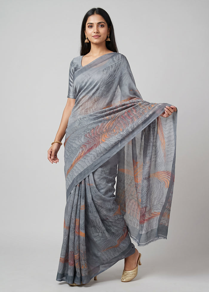 Grey Chiffon Silk Saree With Blouse Piece
