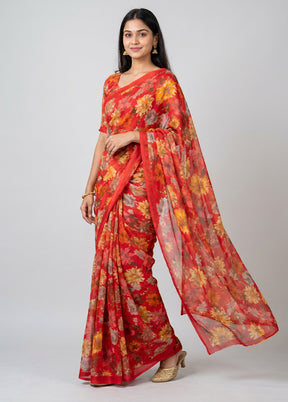 Red Chiffon Silk Saree With Blouse Piece