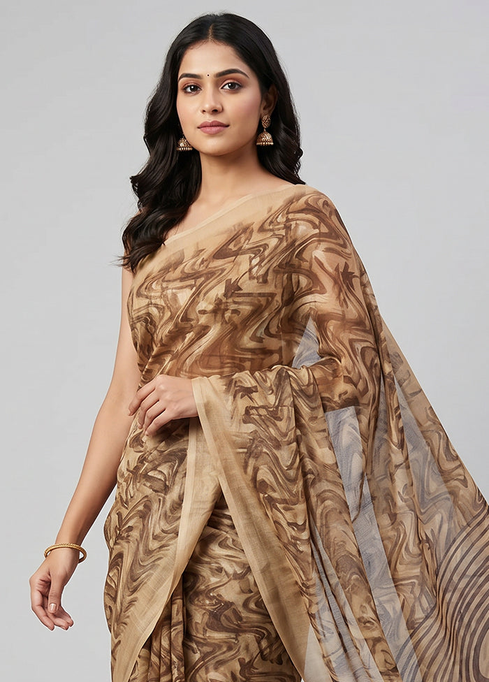 Cream Chiffon Silk Saree With Blouse Piece