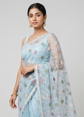 Blue Organza Saree With Blouse Piece