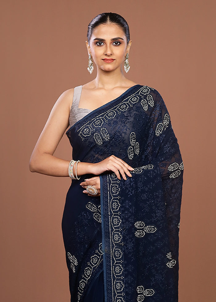 Blue Chiffon Silk Saree With Blouse Piece