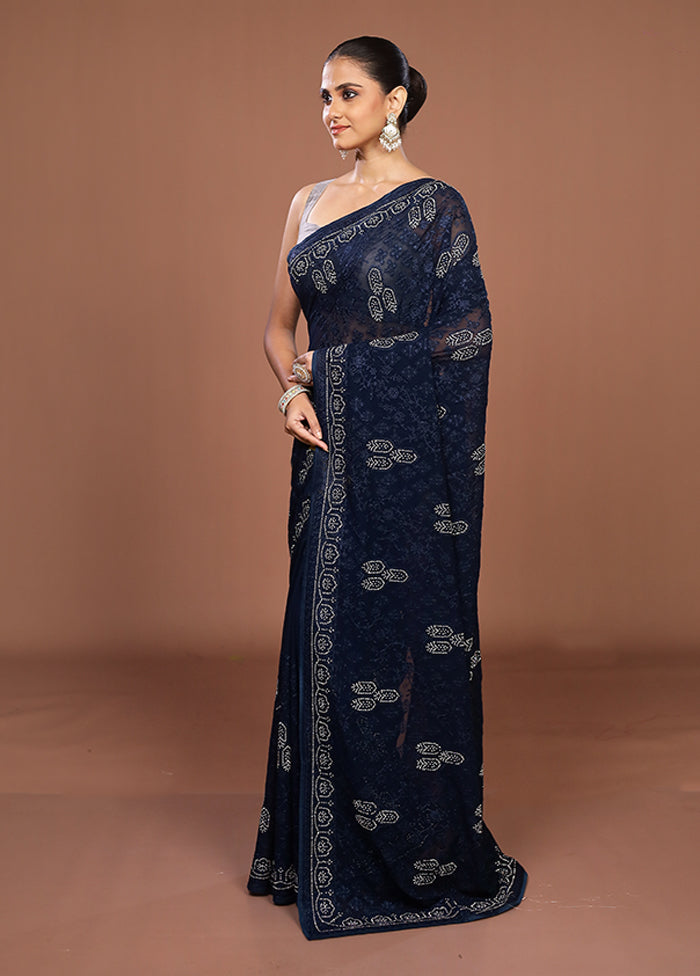 Blue Chiffon Silk Saree With Blouse Piece