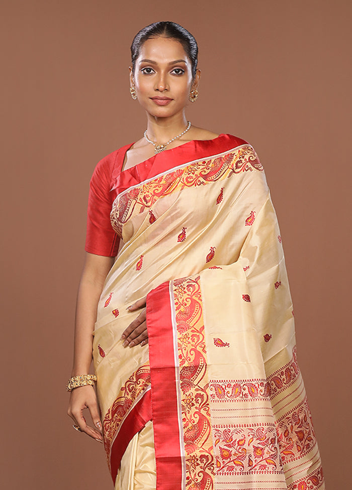 Cream Garad Pure Silk Saree Without Blouse Piece