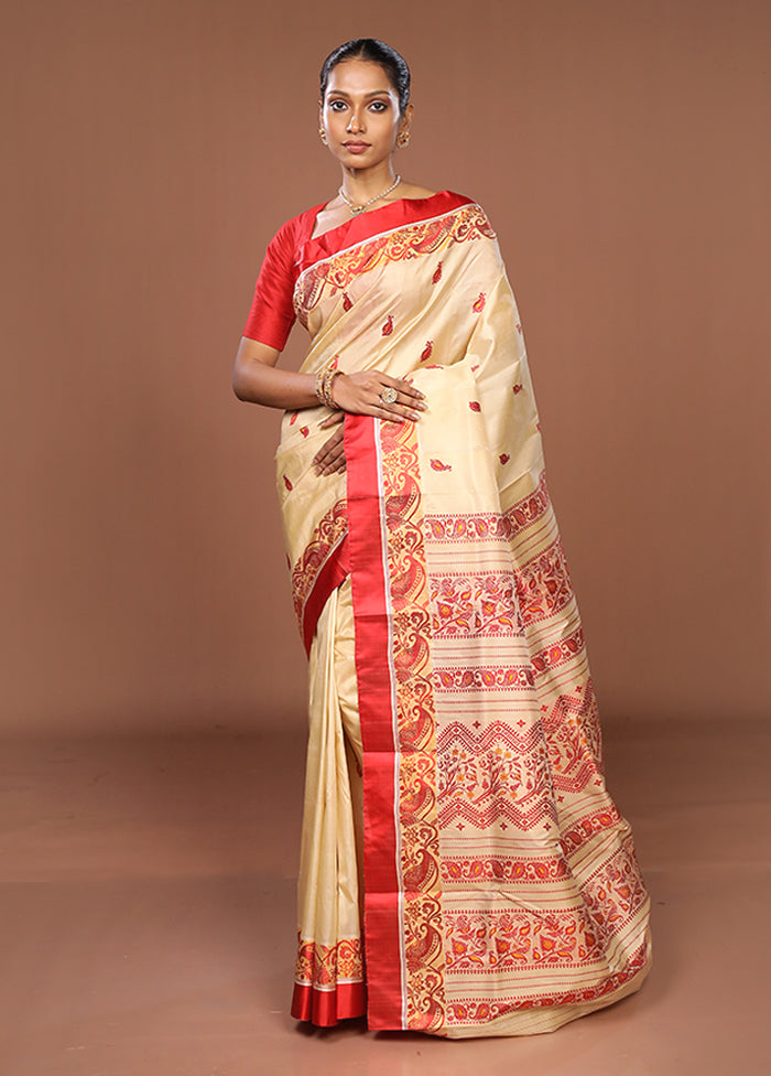 Cream Garad Pure Silk Saree Without Blouse Piece