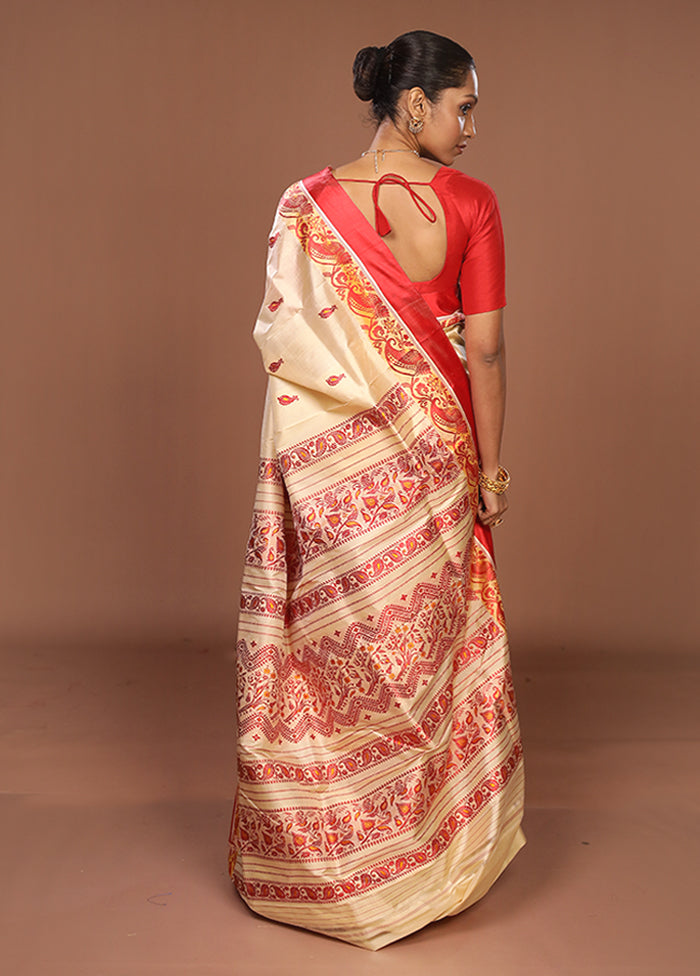 Cream Garad Pure Silk Saree Without Blouse Piece