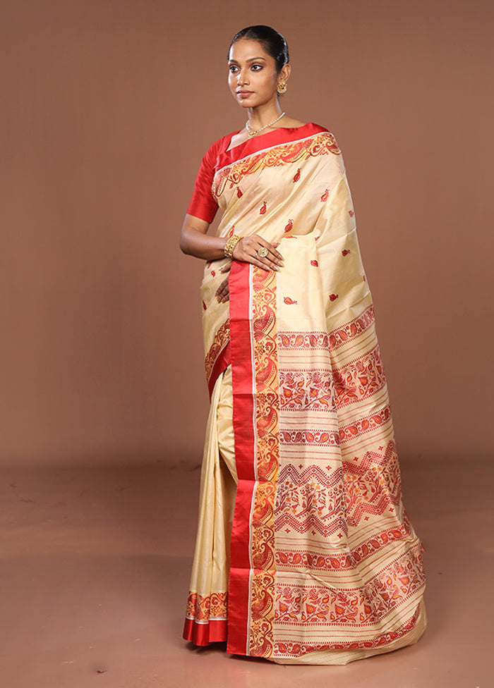 Cream Garad Pure Silk Saree Without Blouse Piece