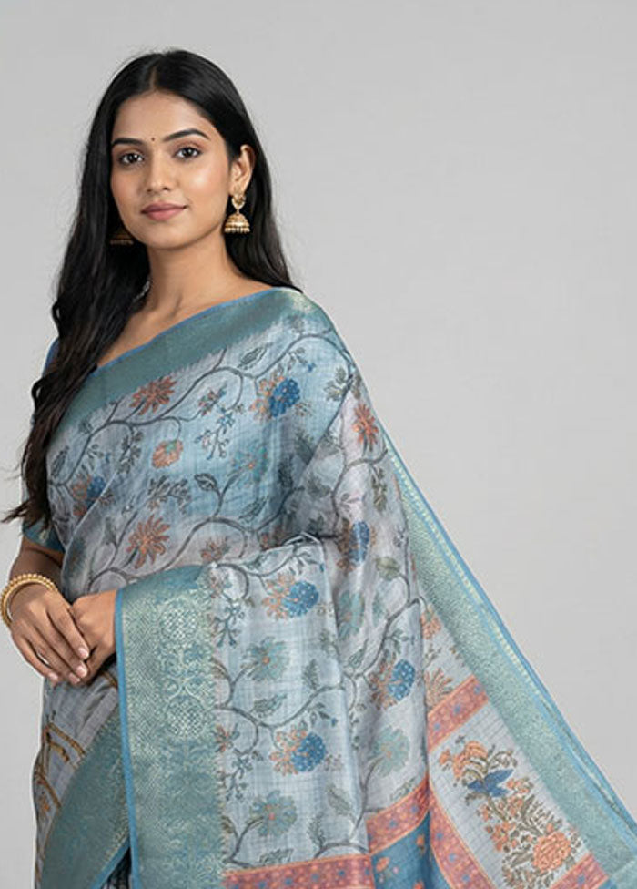 Grey Tussar Silk Saree With Blouse Piece