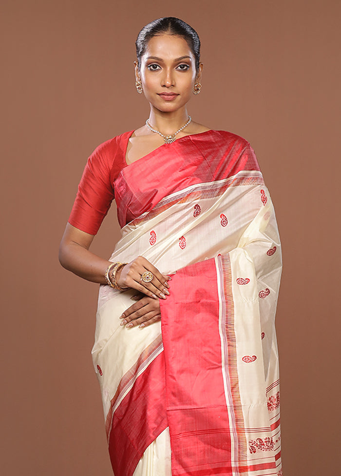 White Garad Pure Silk Saree Without Blouse Piece