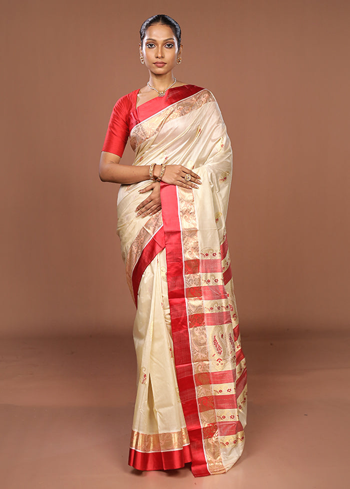 White Garad Pure Silk Saree Without Blouse Piece
