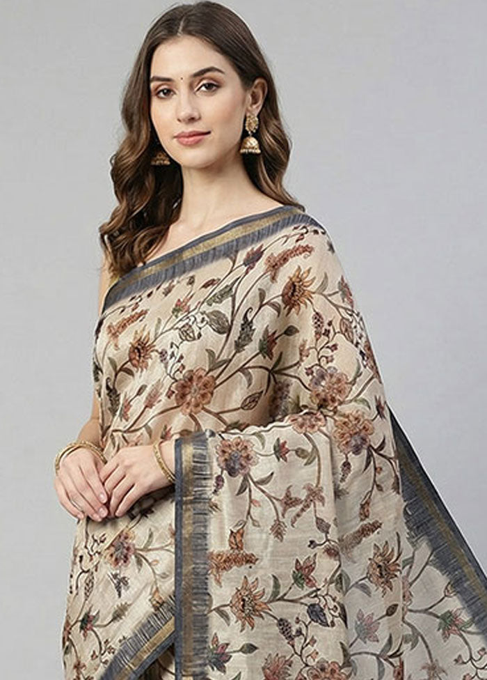 Cream Tussar Silk Saree With Blouse Piece