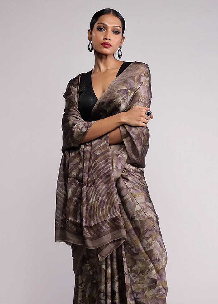 Grey Printed Silk Saree With Blouse Piece