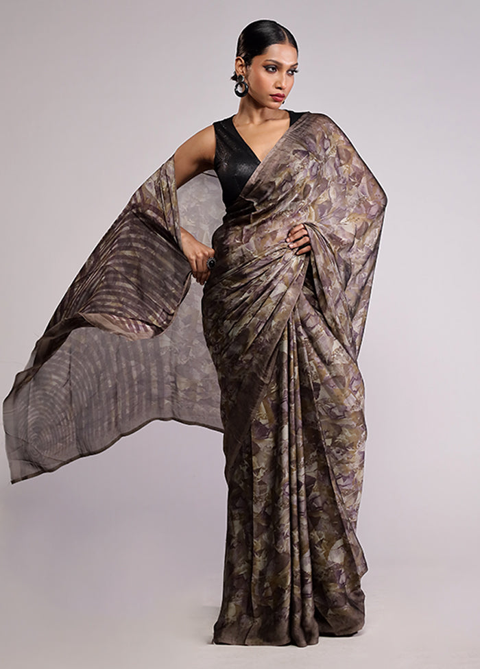 Grey Printed Silk Saree With Blouse Piece
