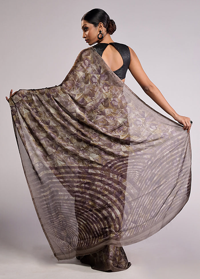 Grey Printed Silk Saree With Blouse Piece