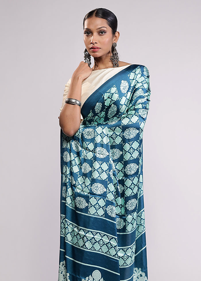 Blue Printed Silk Saree Without Blouse Piece