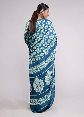 Blue Printed Silk Saree Without Blouse Piece