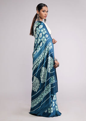 Blue Printed Silk Saree Without Blouse Piece