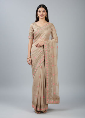 Cream Chiffon Silk Saree With Blouse Piece