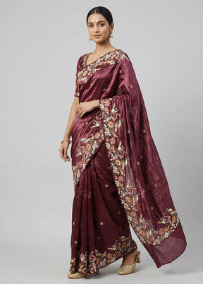 Maroon Tissue Silk Saree With Blouse Piece