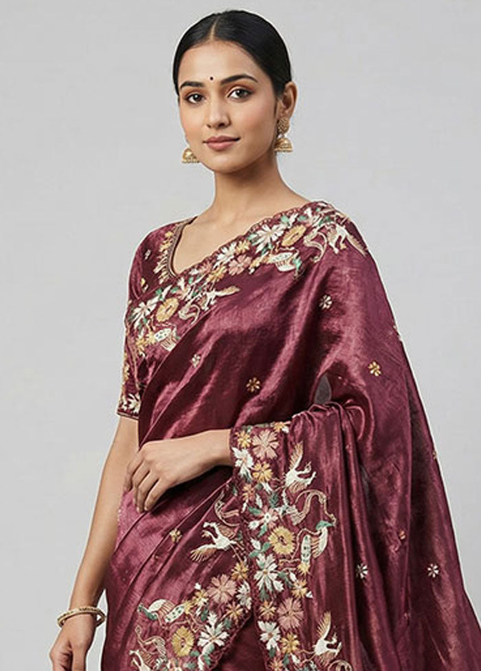 Maroon Tissue Silk Saree With Blouse Piece
