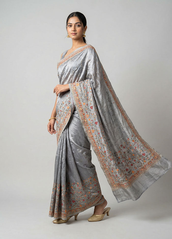 Cream Chiffon Silk Saree With Blouse Piece