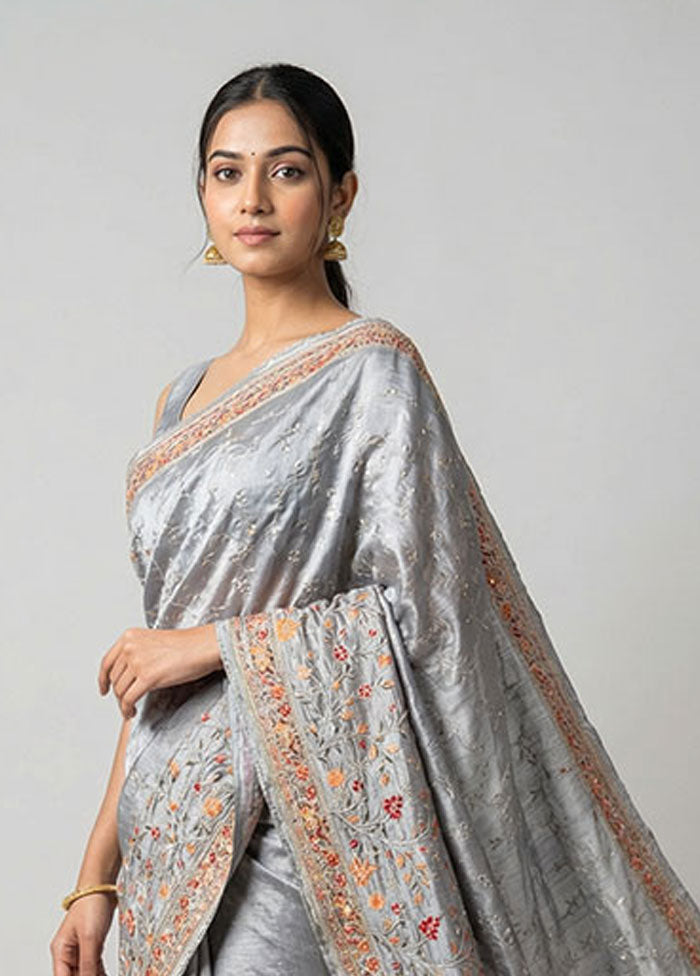 Cream Chiffon Silk Saree With Blouse Piece