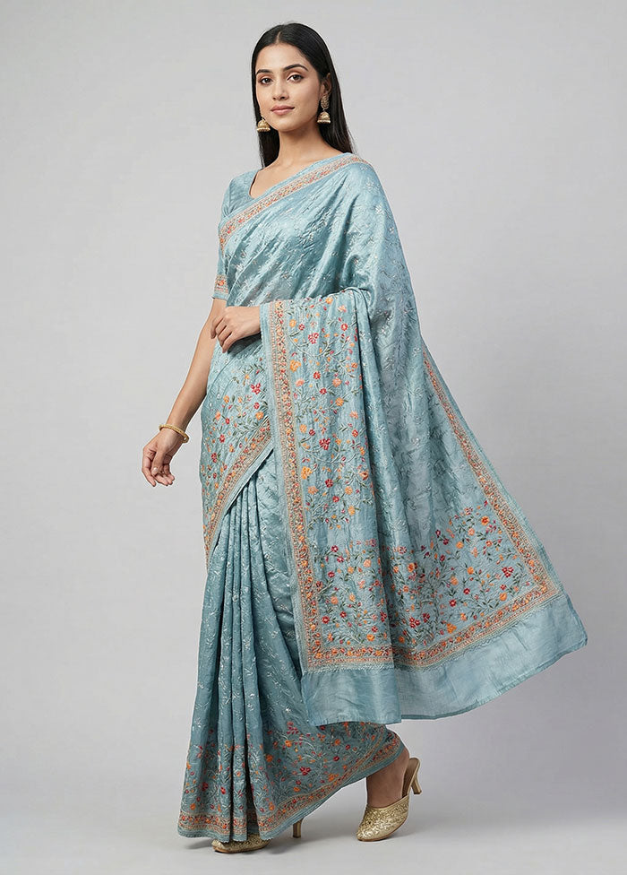 Blue Chiffon Silk Saree With Blouse Piece