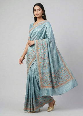 Blue Chiffon Silk Saree With Blouse Piece