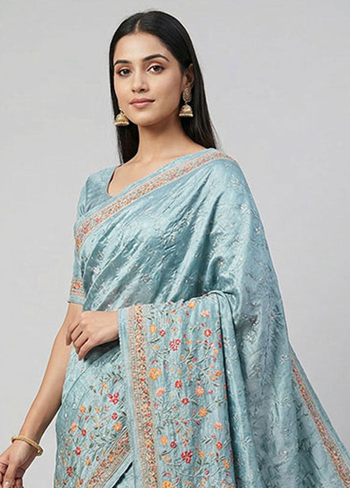 Blue Chiffon Silk Saree With Blouse Piece