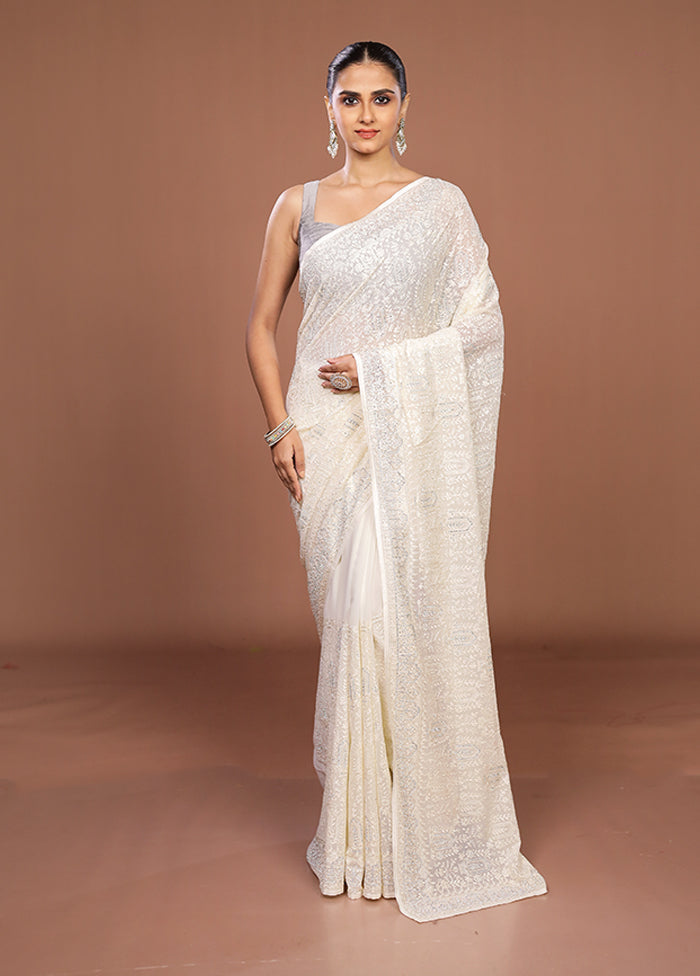 White Chiffon Silk Saree With Blouse Piece