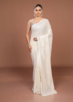 White Chiffon Silk Saree With Blouse Piece