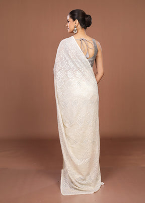 White Chiffon Silk Saree With Blouse Piece