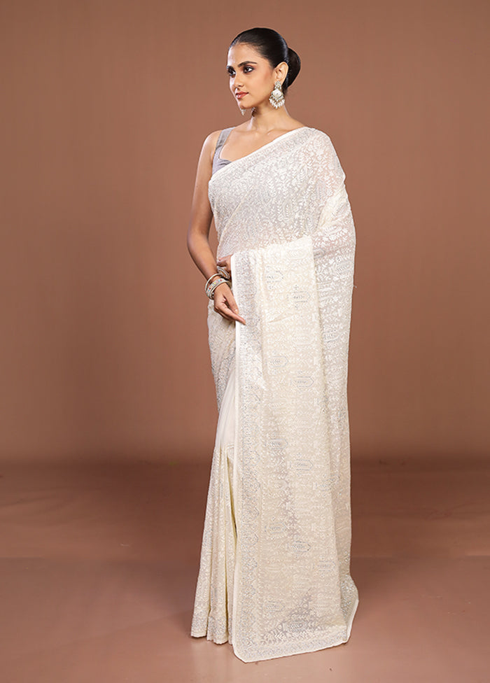 White Chiffon Silk Saree With Blouse Piece