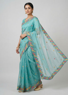 Blue Organza Saree With Blouse Piece