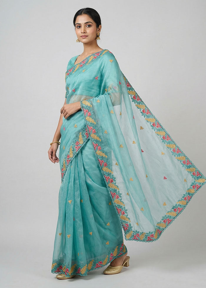 Blue Organza Saree With Blouse Piece