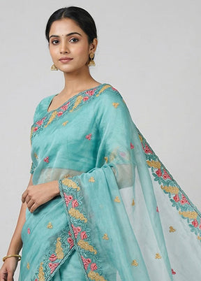 Blue Organza Saree With Blouse Piece