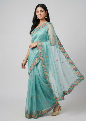 Blue Organza Saree With Blouse Piece