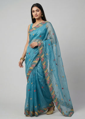Blue Organza Saree With Blouse Piece