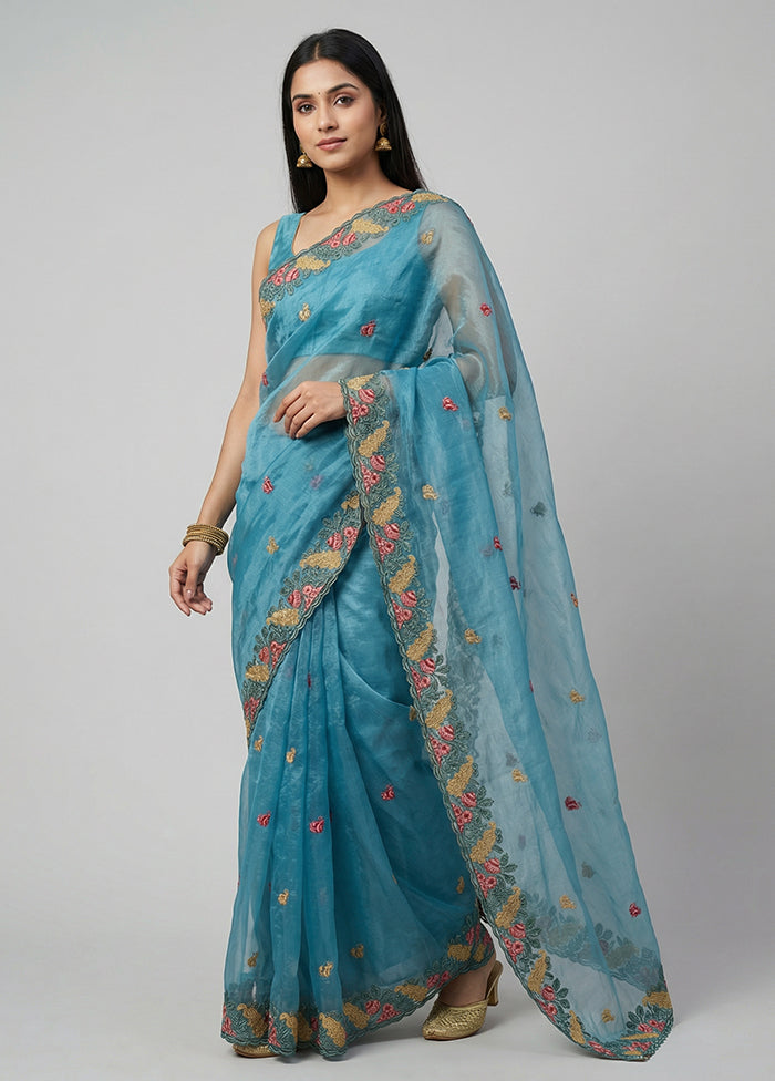 Blue Organza Saree With Blouse Piece