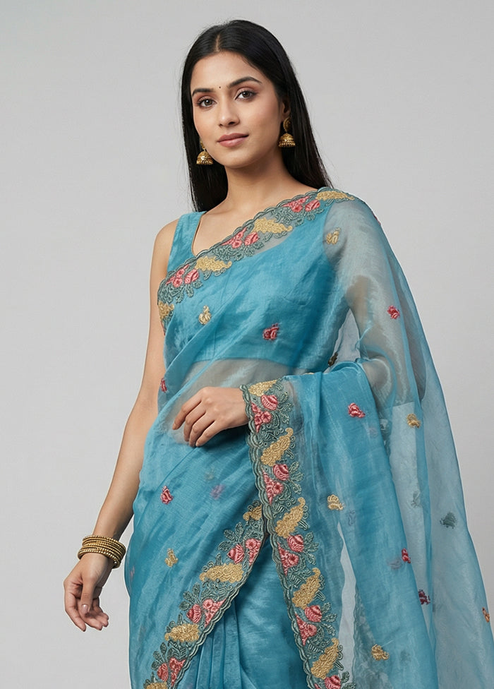 Blue Organza Saree With Blouse Piece