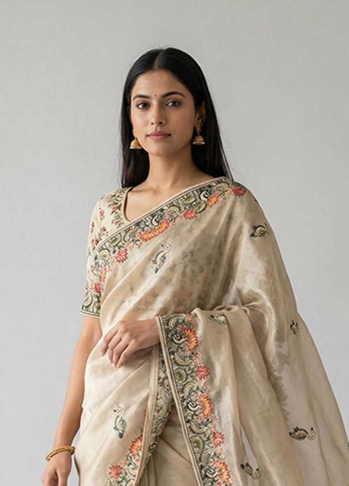 Cream Organza Saree With Blouse Piece