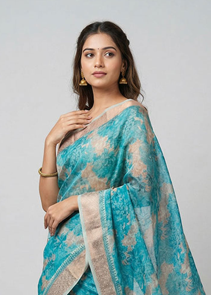 Blue Cotton Saree With Blouse Piece