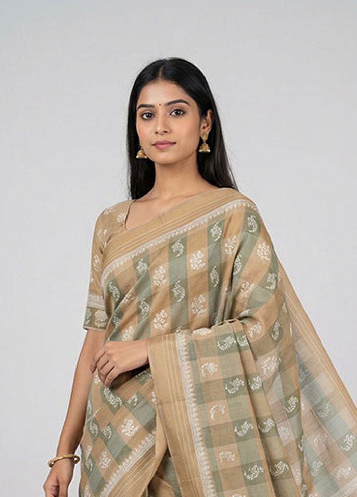 Cream Cotton Saree With Blouse Piece