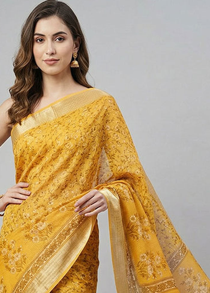 Yellow Cotton Saree With Blouse Piece