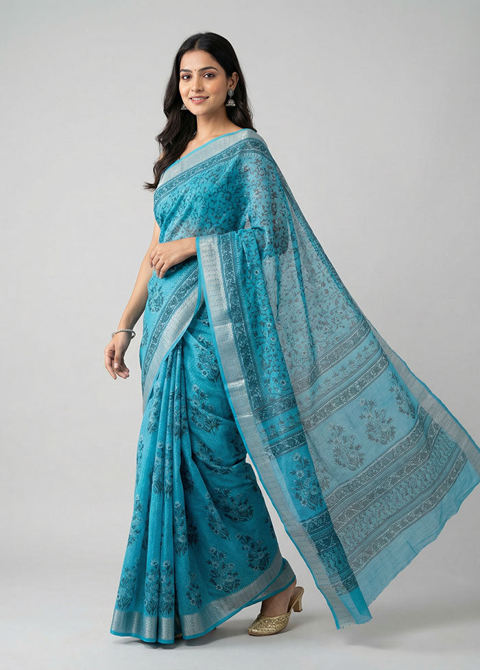 Blue Cotton Saree With Blouse Piece