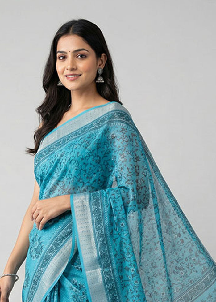 Blue Cotton Saree With Blouse Piece