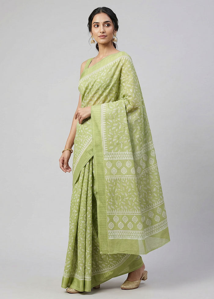 Green Cotton Saree With Blouse Piece