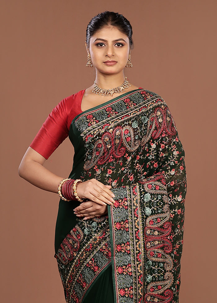 Green Handloom Chiffon Pure Silk Saree With Blouse Piece